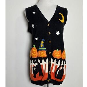 Toffee Apple Halloween Sweater Vest Small Black Cat Pumpkin Applique Art to Wear